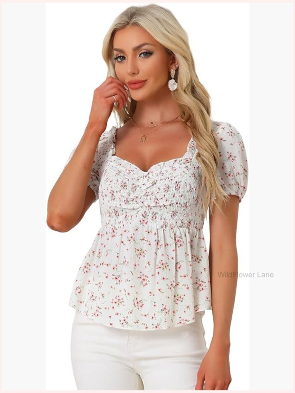 Puff Short Sleeve Floral Blouse Sweetheart Neck Ruffle Peplum Top